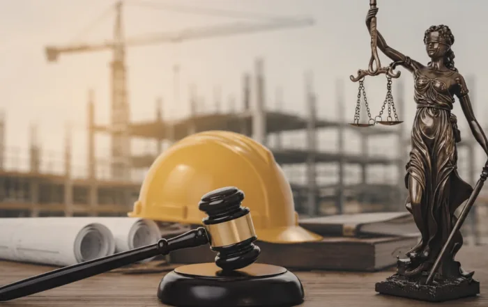 Construction litigation concept featuring a judge’s gavel, hard hat, scales of justice, and an active construction site in the background.