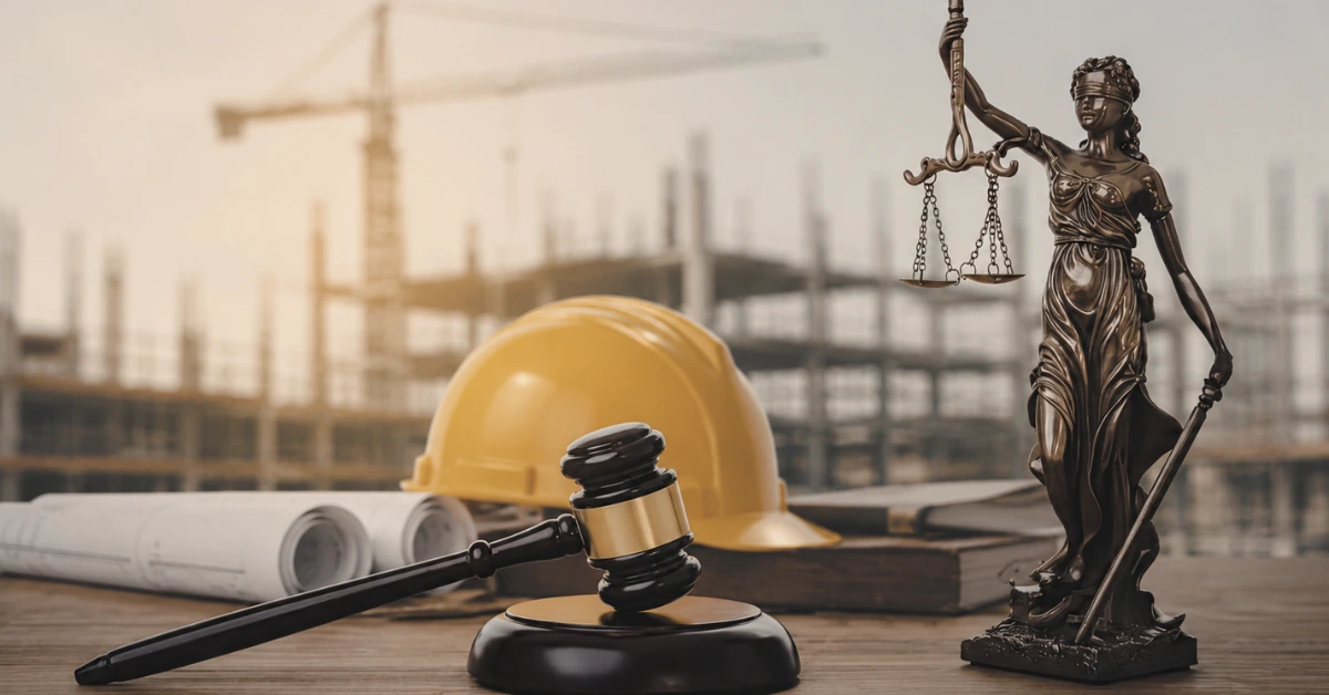 Construction litigation concept featuring a judge’s gavel, hard hat, scales of justice, and an active construction site in the background.