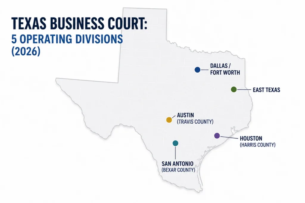 Texas business court map infographic