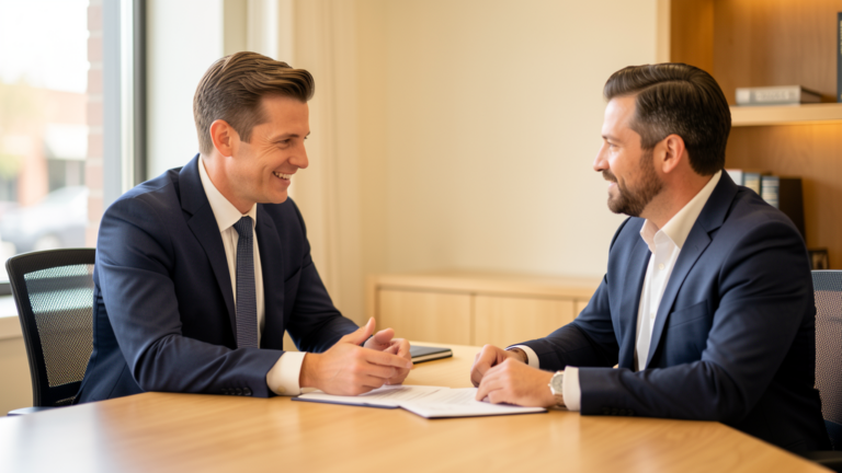 Attorney meeting with a client during a legal consultation, discussing case strategy and providing personalized legal guidance in a professional office setting.