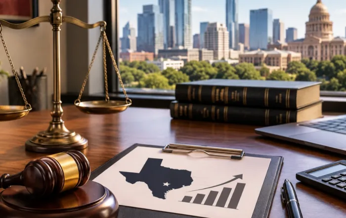 Business attorney cost in Austin, Texas, represented by legal documents, law books, and professional legal services for businesses and entrepreneurs.