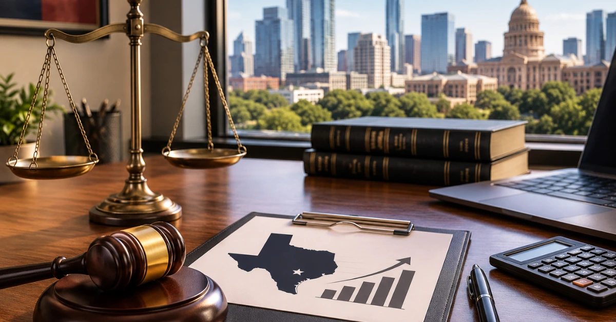 Business attorney cost in Austin, Texas, represented by legal documents, law books, and professional legal services for businesses and entrepreneurs.