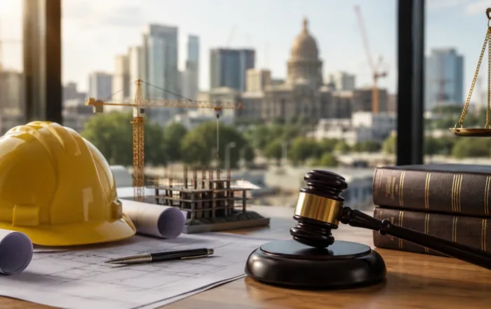 Construction attorney concept featuring a gavel, hard hat, legal books, building plans, and an active construction site.