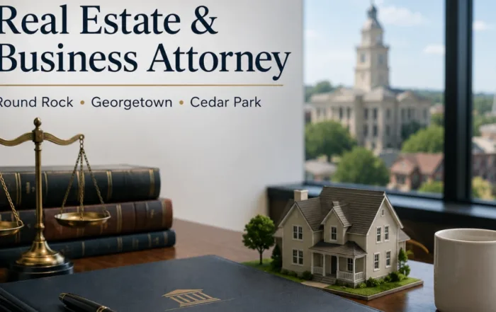 Real estate and business attorney serving Round Rock, Georgetown, and Cedar Park, represented by legal books, scales of justice, and a model home.