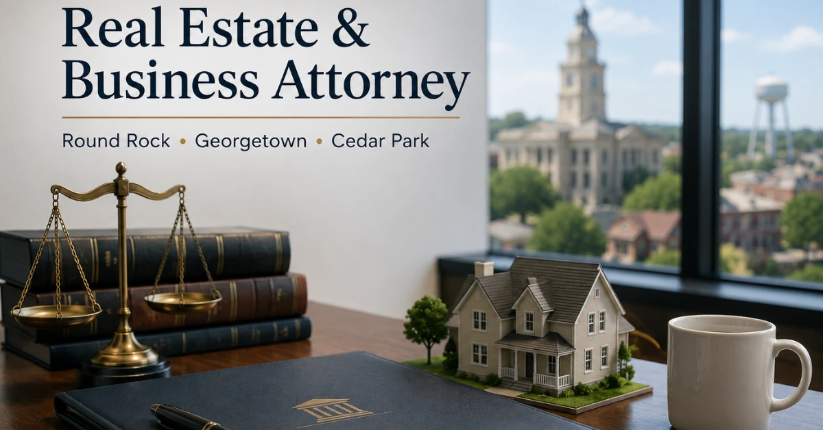 Real estate and business attorney serving Round Rock, Georgetown, and Cedar Park, represented by legal books, scales of justice, and a model home.