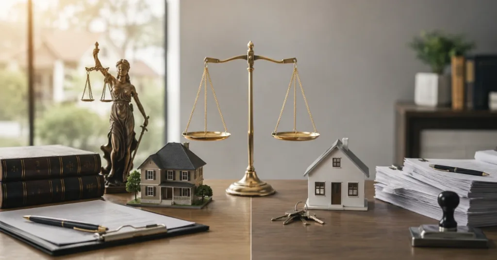 Real estate attorney vs. title company concept featuring scales of justice, legal documents, house models, and property closing paperwork.
