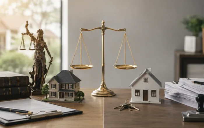 Real estate attorney vs. title company concept featuring scales of justice, legal documents, house models, and property closing paperwork.