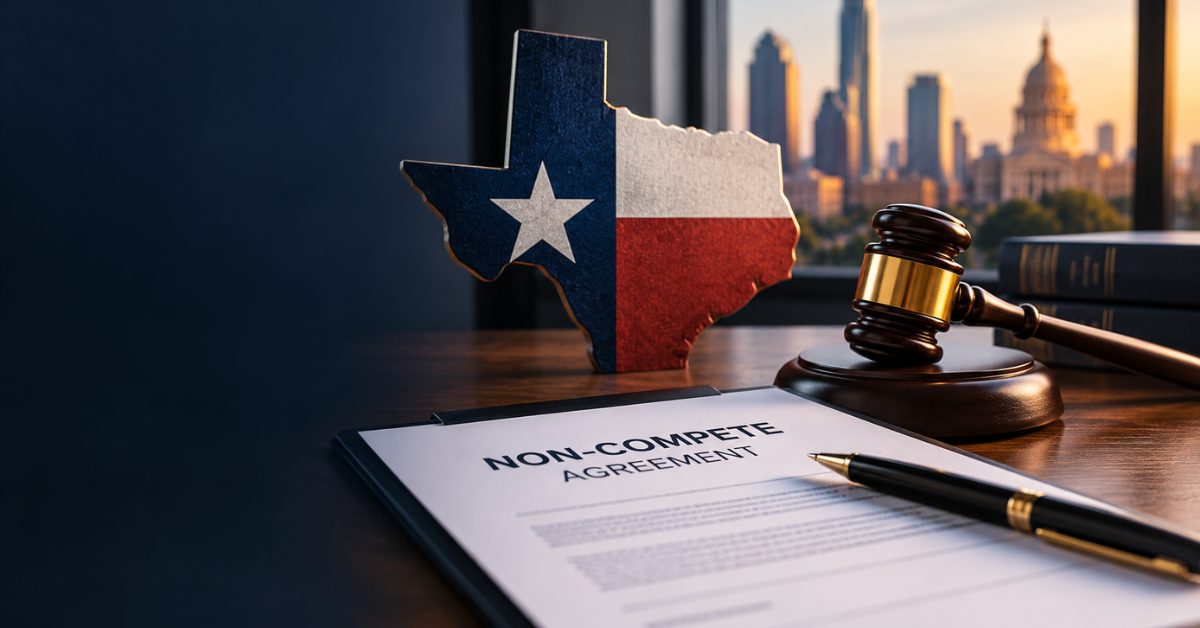 Texas-shaped symbol featuring the state flag beside a non-compete agreement, judge’s gavel, and Austin skyline, representing non-compete laws in Texas.