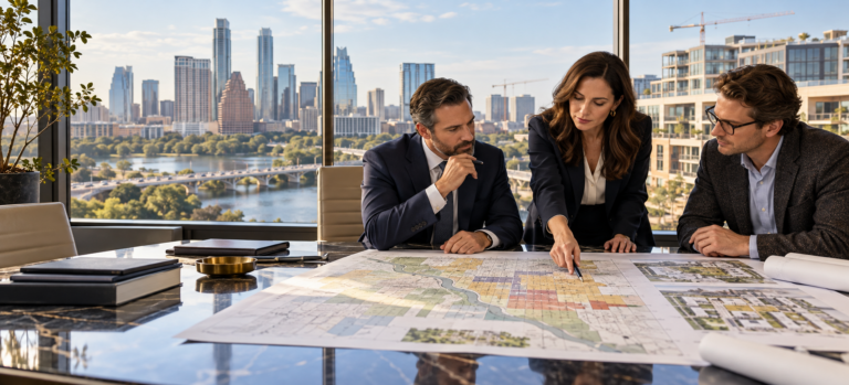 Attorneys and an urban planner reviewing an Austin zoning map and development plans.